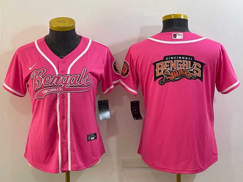 Womens Cincinnati Bengals Pink Team Big Logo With Patch Cool Base Stitched Baseball Jersey->women nfl jersey->Women Jersey